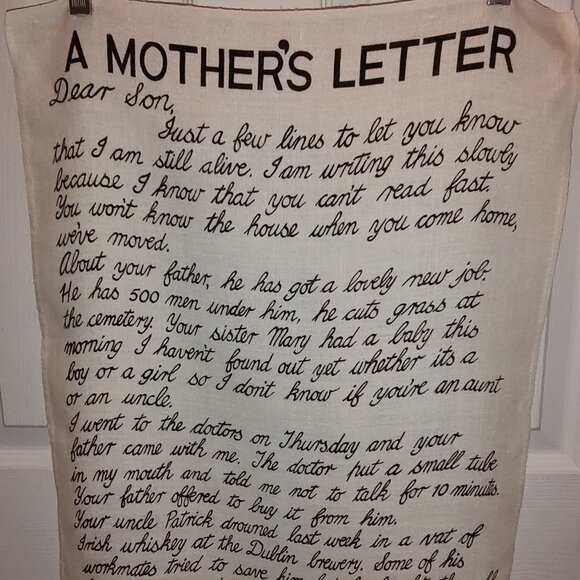 NATURAL LINEN TOWEL A MOTHER'S LETTER DEAR SON 100% IRISH LINEN IRELAND 19x30 - Picture 1 of 5